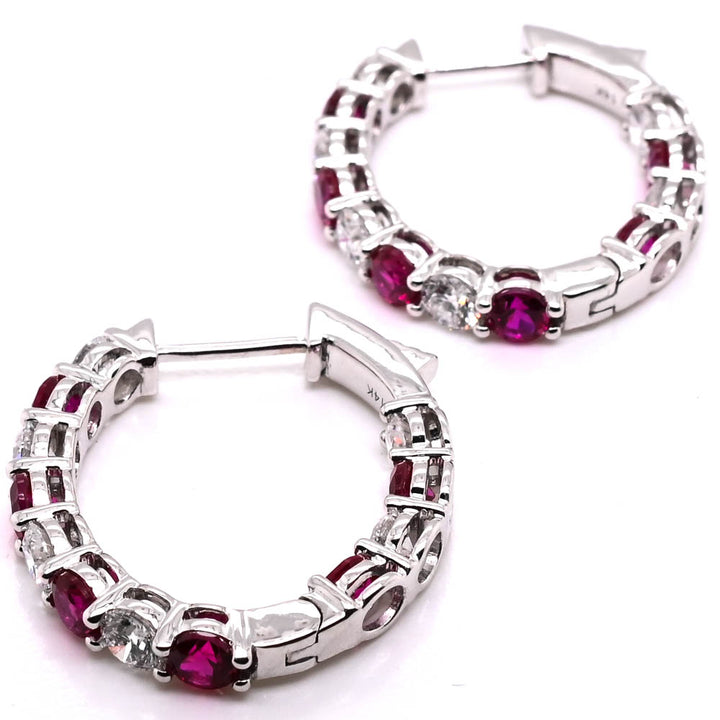 14KT White Gold 2.19CTW LAB Created Ruby & Diamond Oval Hoop Earrings.