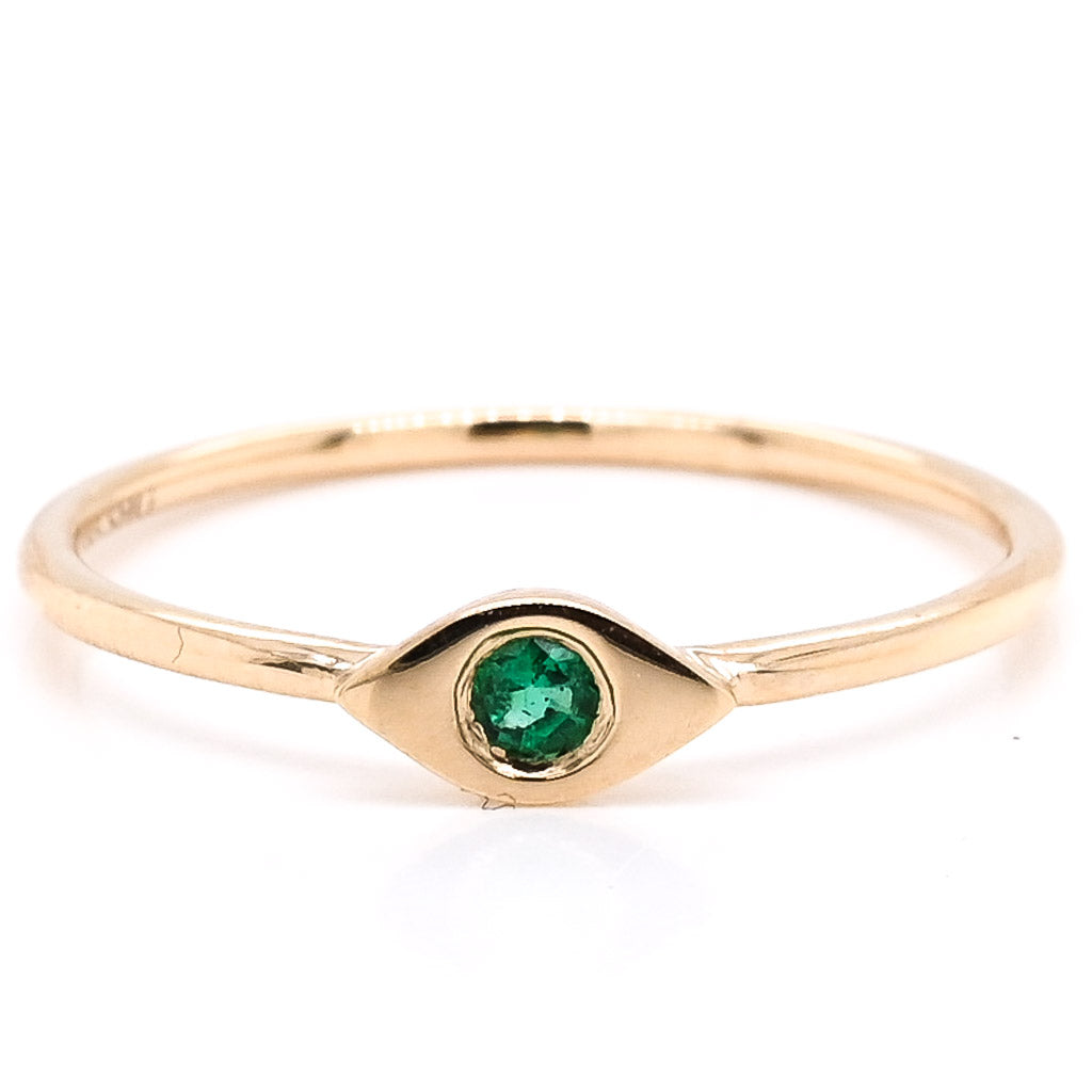 14KT Yellow Gold 0.05CT Round Emerald Evileye Ring.