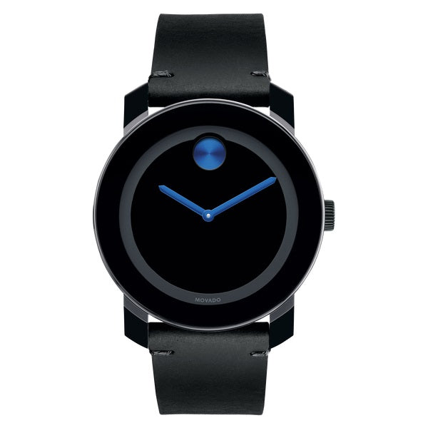 Movado BOLD watch, 42 mm black TR90 composite material and stainless steel case, black dial with tone-on-tone outer ring and cobalt blue sunray dot and hands Swiss Quartz. 3600307.