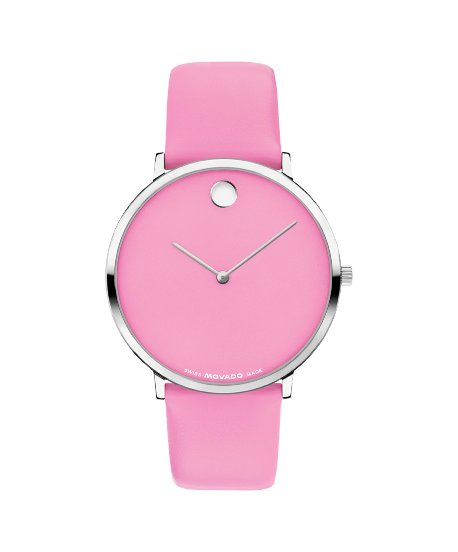 Movado Museum Classic watch, 40 mm stainless steel case, round black dial with 11 diamond markers (0.043 t.c.w.) and silver-toned dot and hands, stainless steel link bracelet with deployment clasp.