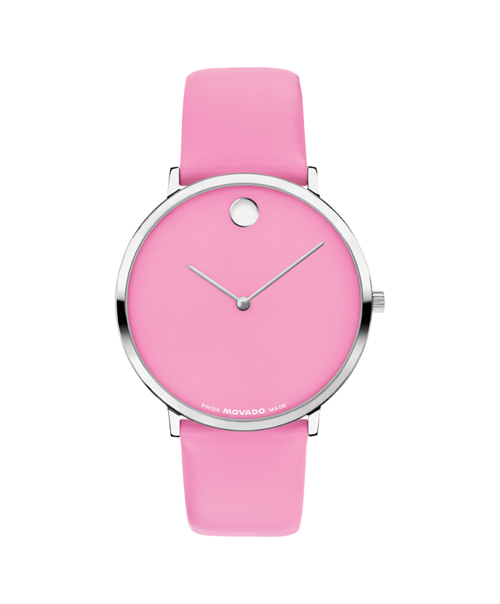 Movado Museum Classic watch, 40 mm stainless steel case, round black dial with 11 diamond markers (0.043 t.c.w.) and silver-toned dot and hands, stainless steel link bracelet with deployment clasp.