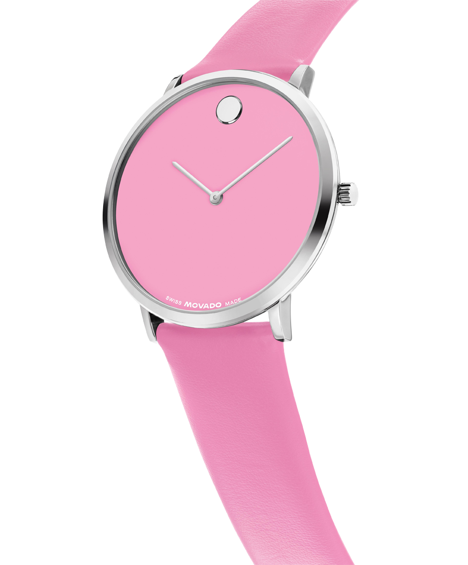 Movado Museum Classic watch, 40 mm stainless steel case, round black dial with 11 diamond markers (0.043 t.c.w.) and silver-toned dot and hands, stainless steel link bracelet with deployment clasp.