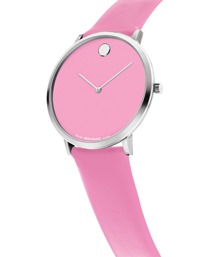 Movado Museum Classic watch, 40 mm stainless steel case, round black dial with 11 diamond markers (0.043 t.c.w.) and silver-toned dot and hands, stainless steel link bracelet with deployment clasp.
