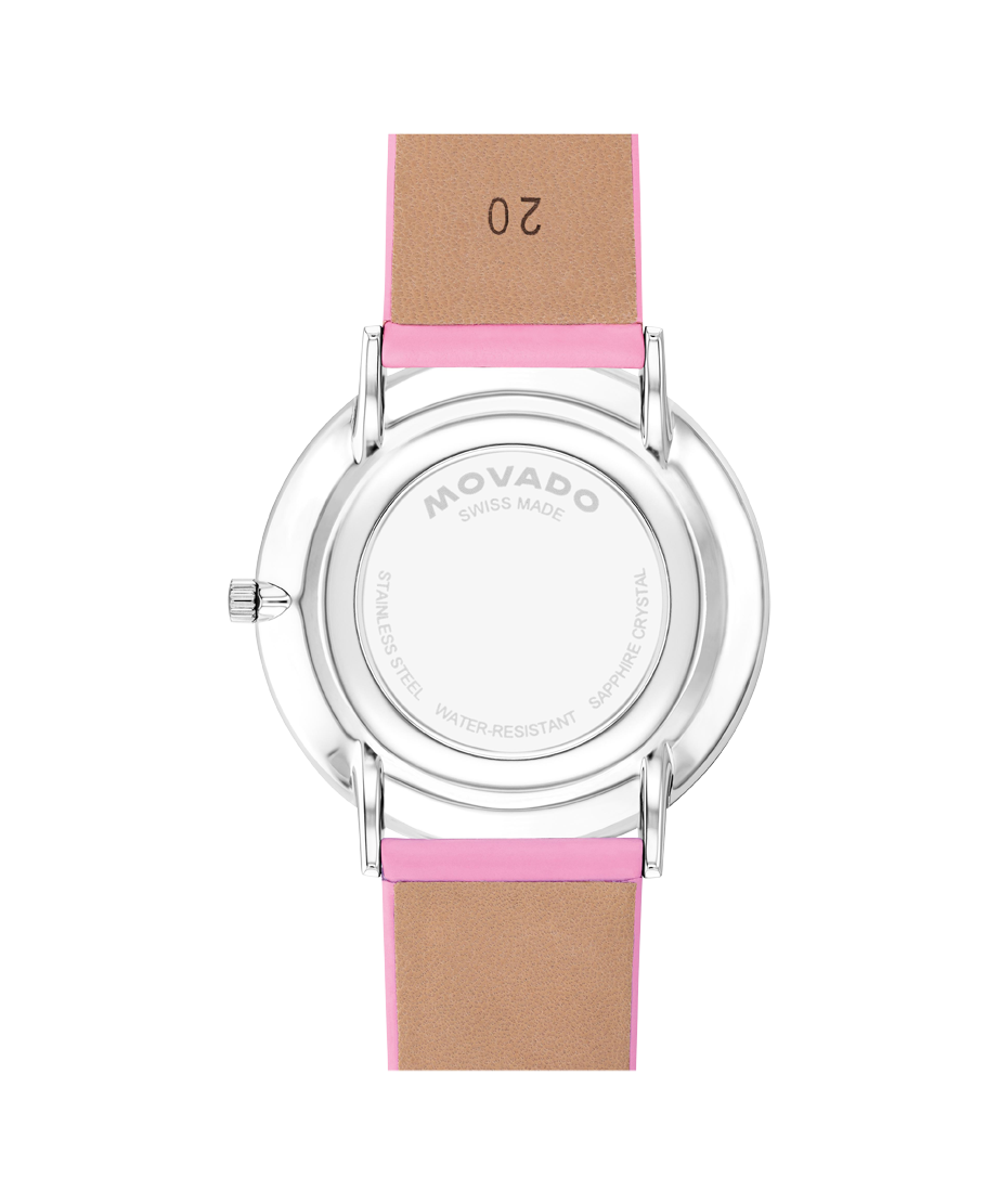 Movado Museum Classic watch, 40 mm stainless steel case, round black dial with 11 diamond markers (0.043 t.c.w.) and silver-toned dot and hands, stainless steel link bracelet with deployment clasp.