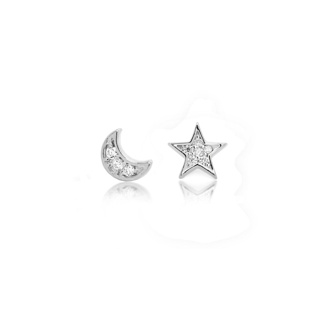 Graziella Sterling Silver Rhodium Plated CZ Mismatched Moon and Star Stud Earings.