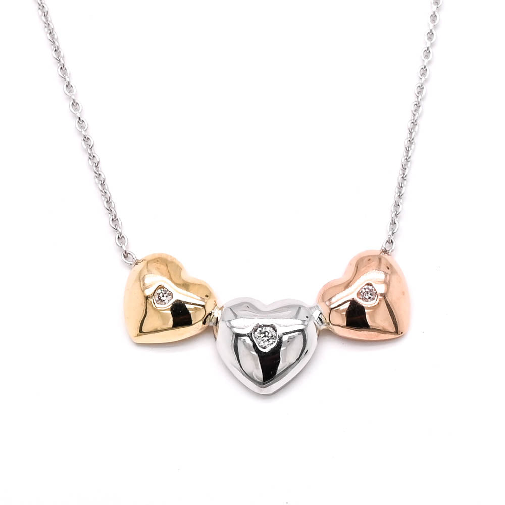 10KT Tri Colour Gold 18" 0.03CTW Diamond Heart Necklace.
