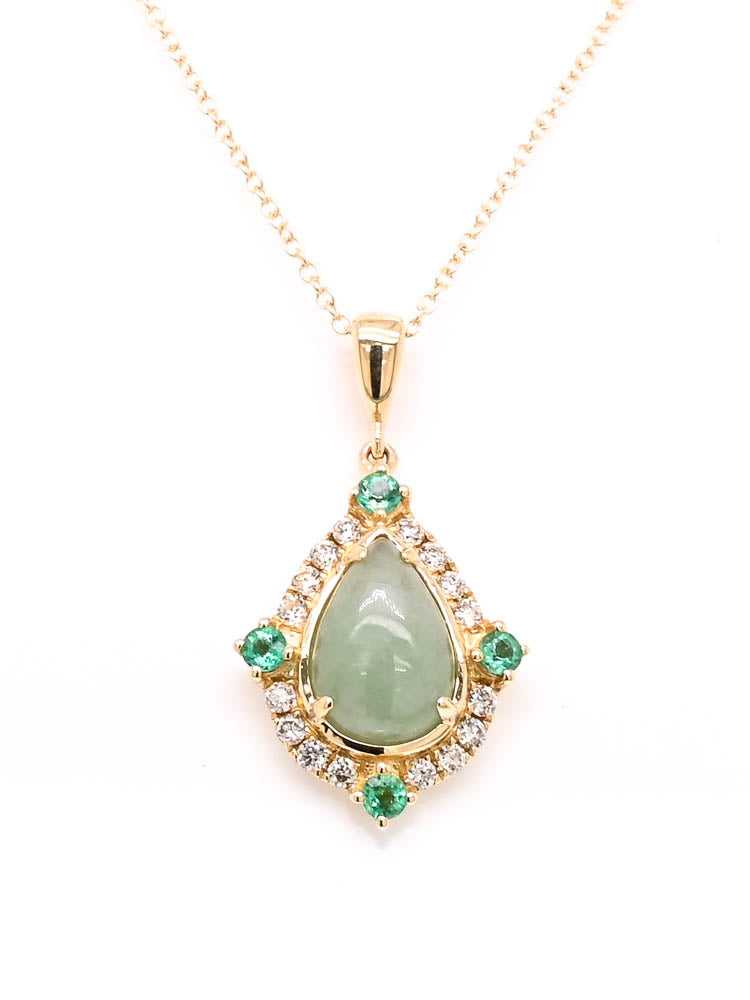 10KT Yellow Gold 18" 1.70CT Pear Shape Jade Emerald & Diamond Necklace.