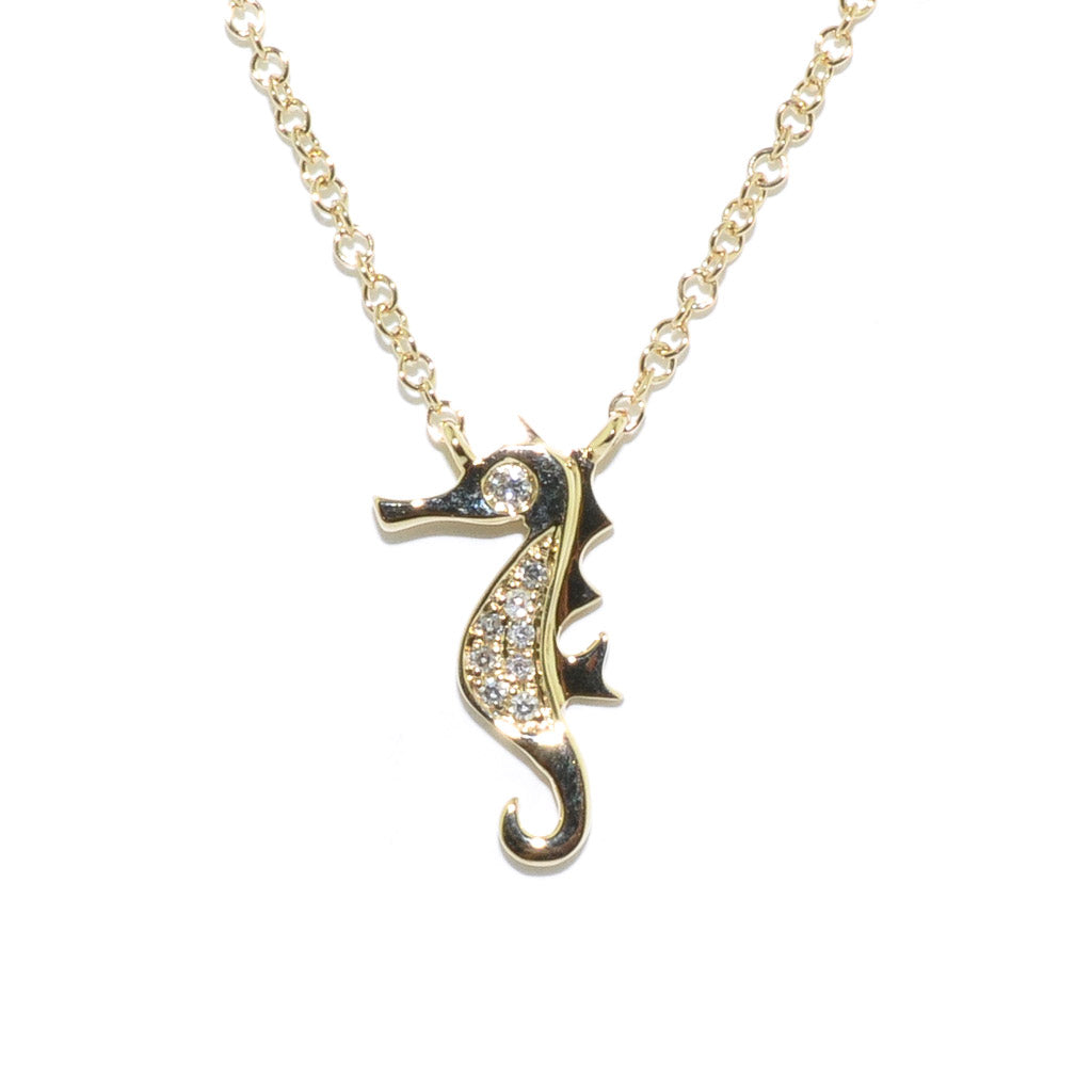 14KT Yellow Gold 18" 0.03CTW Diamond Seahorse Necklace.