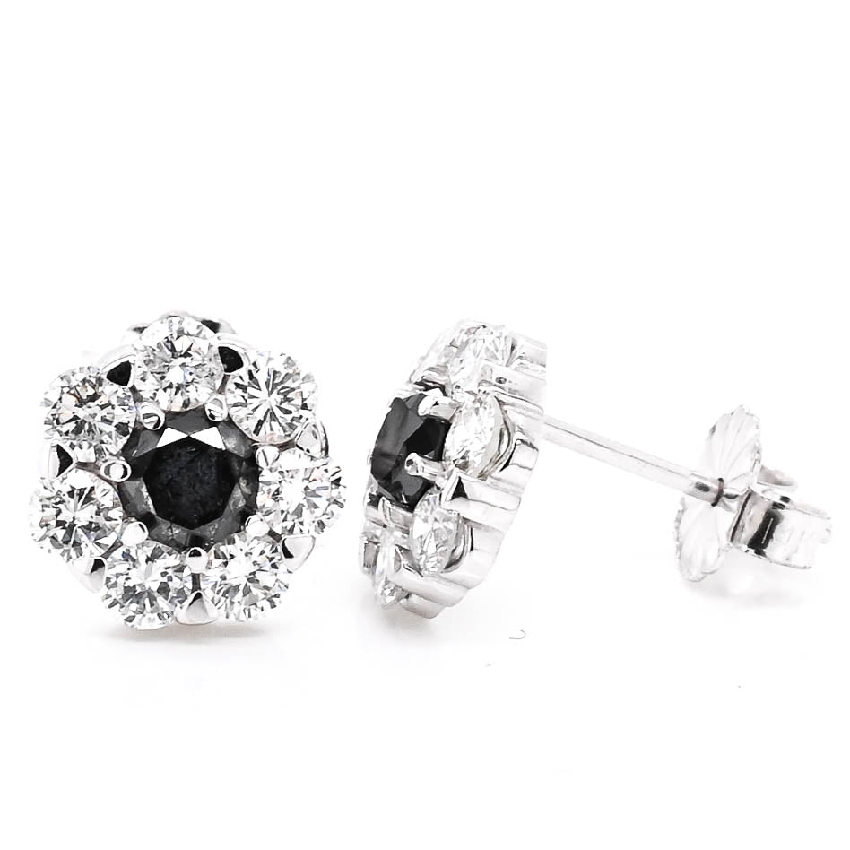 14KT White Gold 1.55CTW Black & White Diamond Flower Stud Earrings.