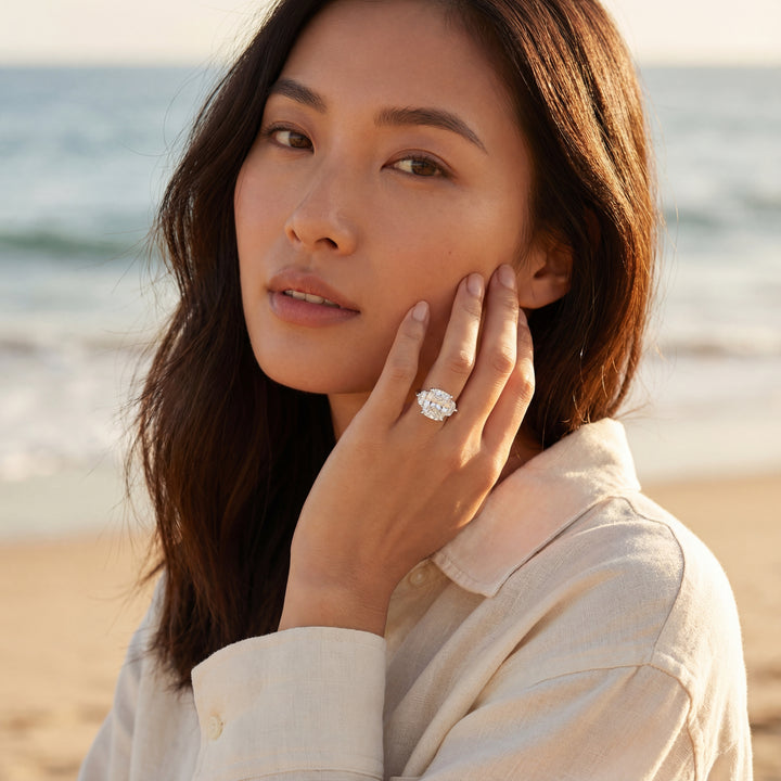 14KT White Gold 3.60CTW Cushion Shape Lab Created 3 Stone Diamond Engagement  Ring.