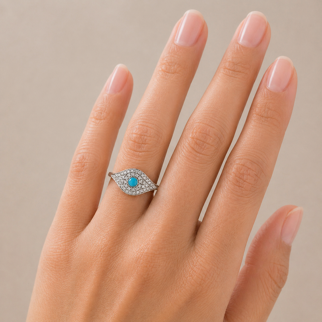 Graziella 14KT White Gold 0.11CTW Diamond &amp; Turquoise Evil Eye Ring - Size 6.25