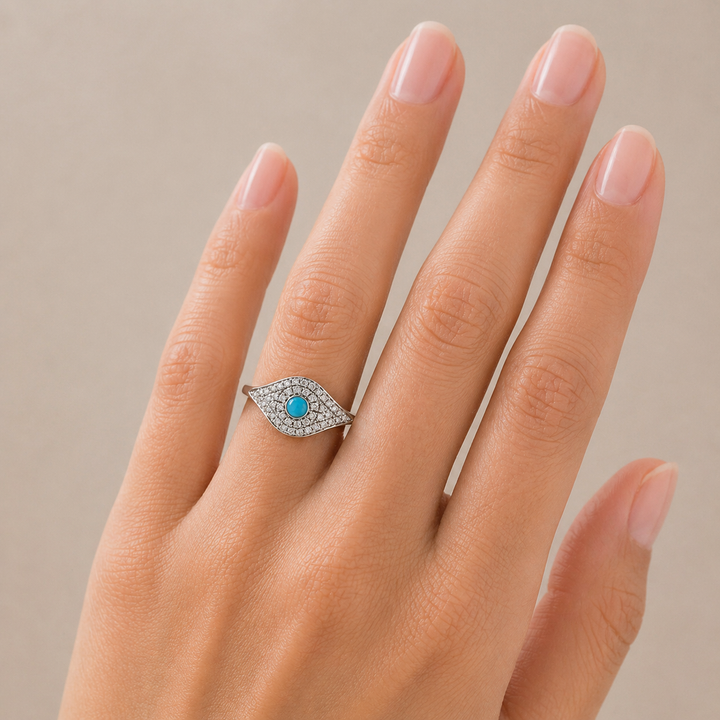 Graziella 14KT White Gold 0.11CTW Diamond &amp; Turquoise Evil Eye Ring - Size 6.25