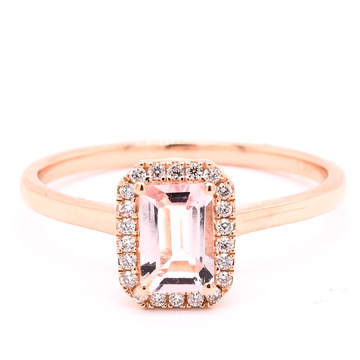 14KT Rose Gold 0.49CT Morganite & Diamond Halo Set Ring.