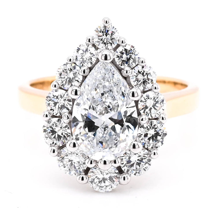 10KT Yellow & White Gold 2.50CTW Pear shape Lab Grown Diamond Halo Set Engagement Ring.