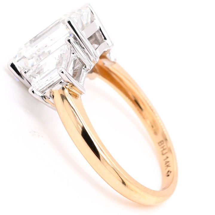 14KT White & Yellow Gold 4.00CTW Emerald Shape Lab Created 3 Stone Engagement Ring.