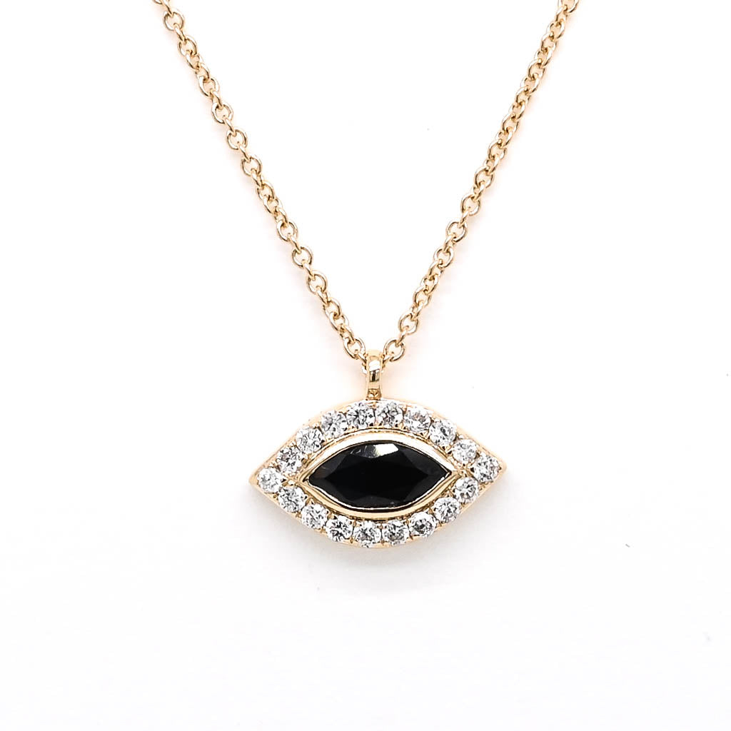14KT Yellow Gold 18"  0.28CT Blue Sapphire and Diamond Evil Eye Necklace.