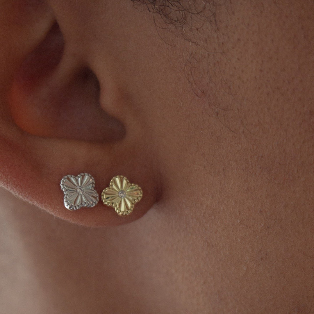 Sterling Silver Vermeil Gold C.Z Clover Stud Earrings.