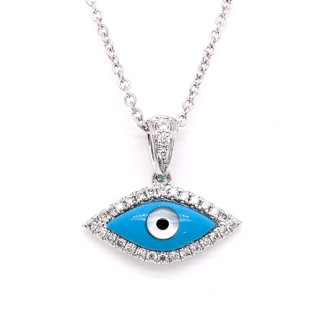 14KT White Gold 18" 0.18CTW Diamond Evil Eye Necklace.