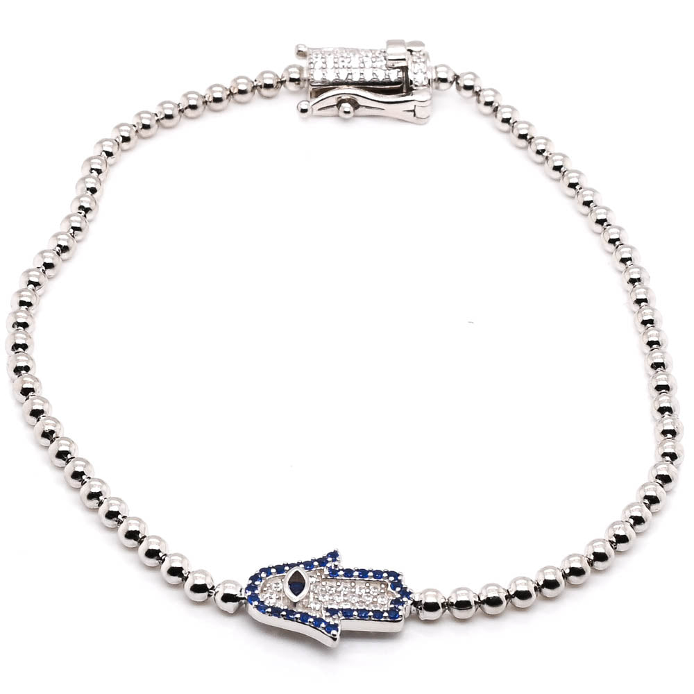 Sterling Silver 7.5" Blue & White C.Z Hamsa Bead Bracelet.
