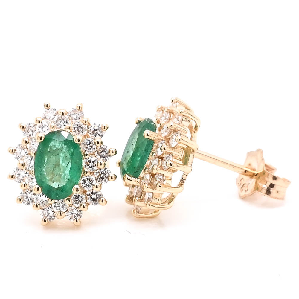 14KT Yellow Gold Oval Shape Emerald & Diamond Stud Earrings.