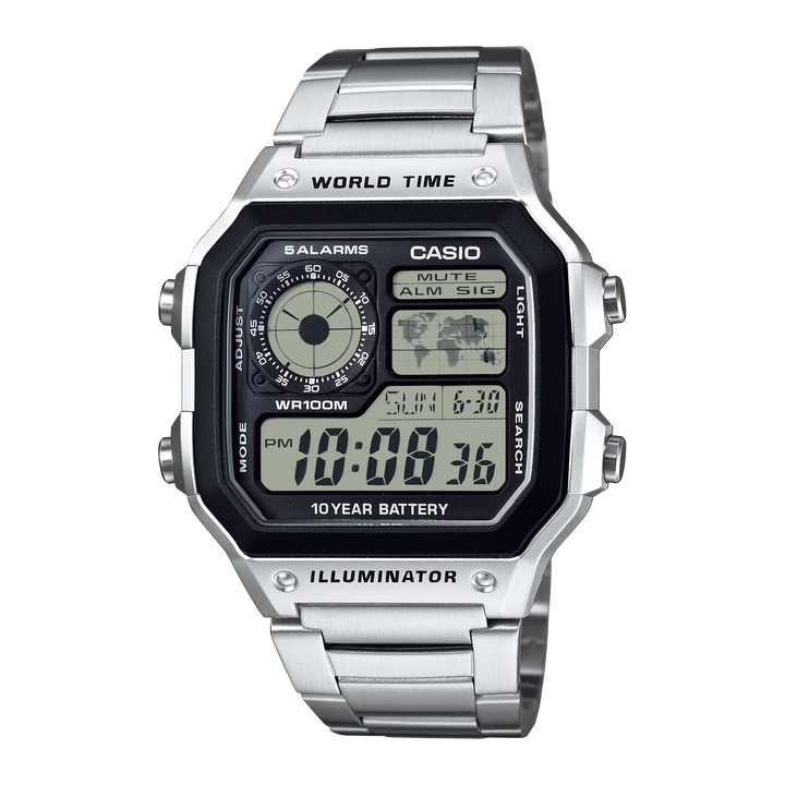 Casio Vintage Digital World Time Stainless Steel Watch. AE-1200WHD-1AV