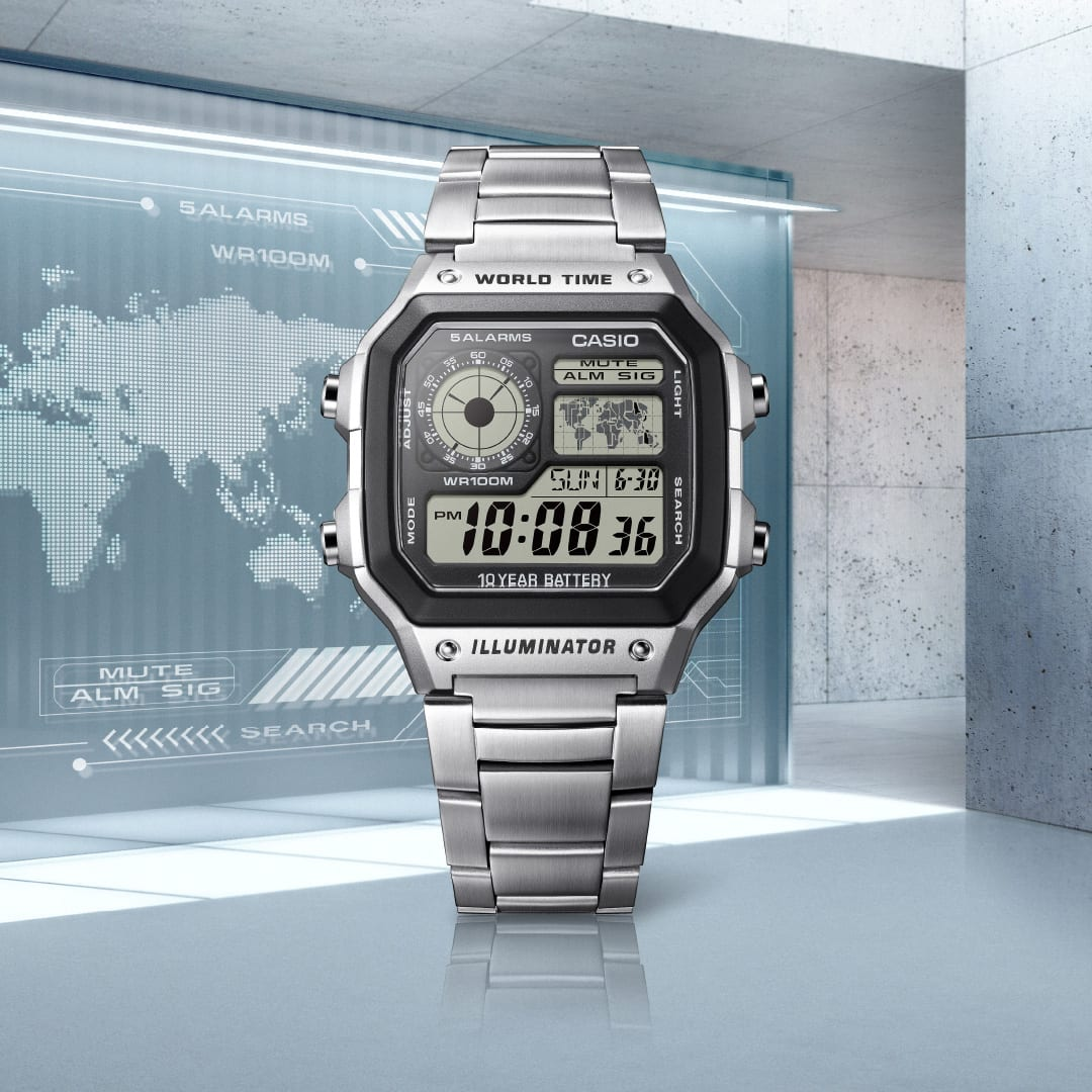 Casio Vintage Digital World Time Stainless Steel Watch. AE-1200WHD-1AV