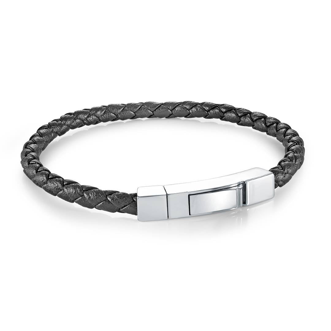 Italgem Steel 4mm Black Leather Box Push Clasp 7" Bracelet