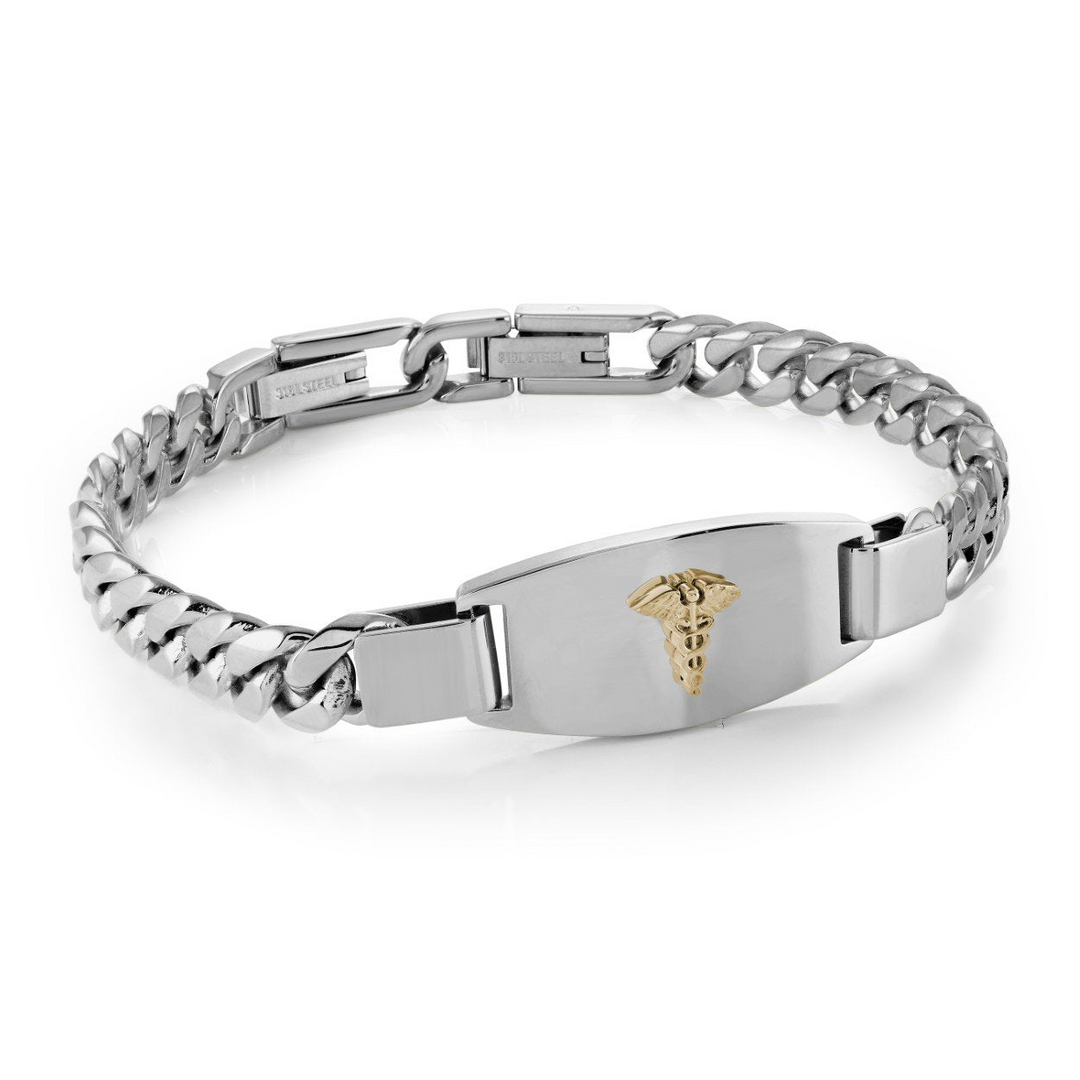 Italgem Steel Gold IP Medic Alert 7.7mm Curb Link 8+0.5" Bracelet