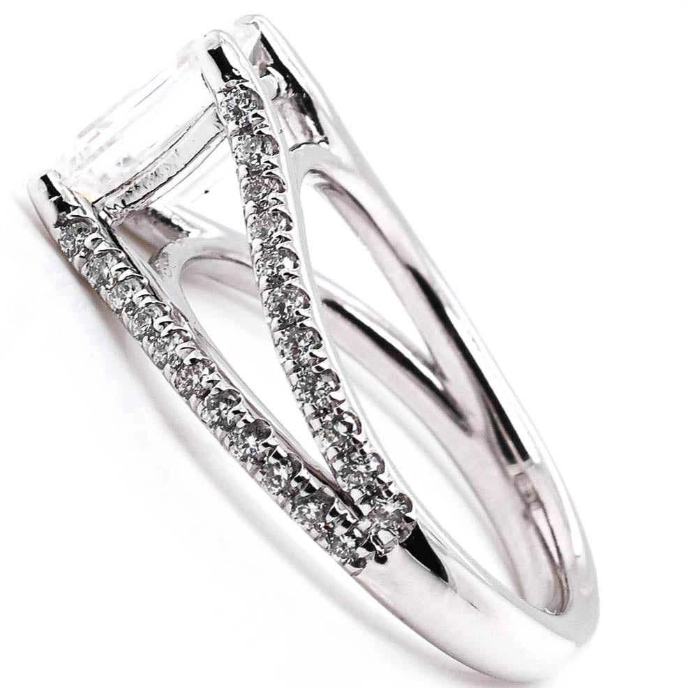 Graziella Platinum Split Shank 7.5x5.5mm Emerald Moissanite &amp; Diamond Accent Ring - Size 4.25