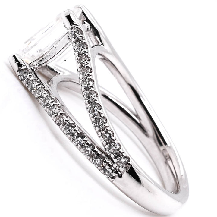 Graziella Platinum Split Shank 7.5x5.5mm Emerald Moissanite &amp; Diamond Accent Ring - Size 4.25