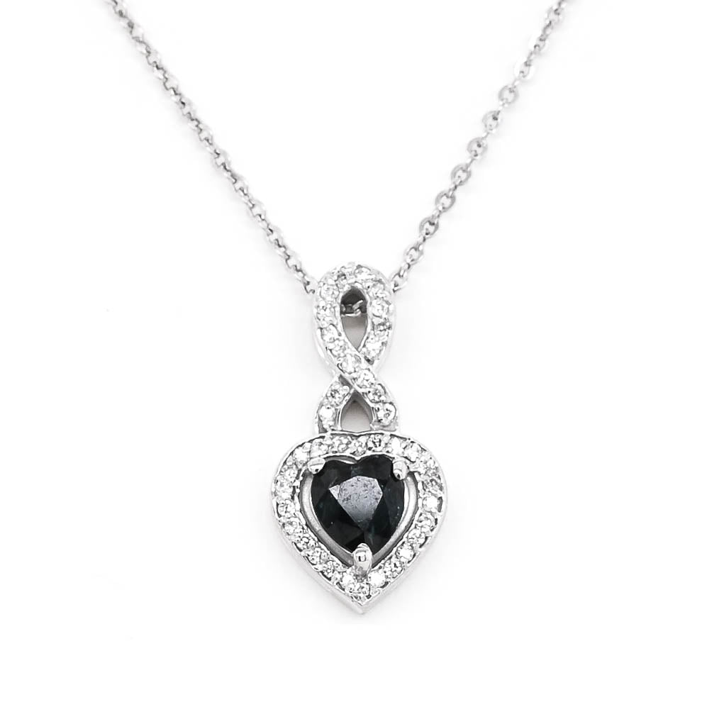 14KT White Gold 18" 0.56CT Heart shaped Blue Sapphire & Diamond Neckla
