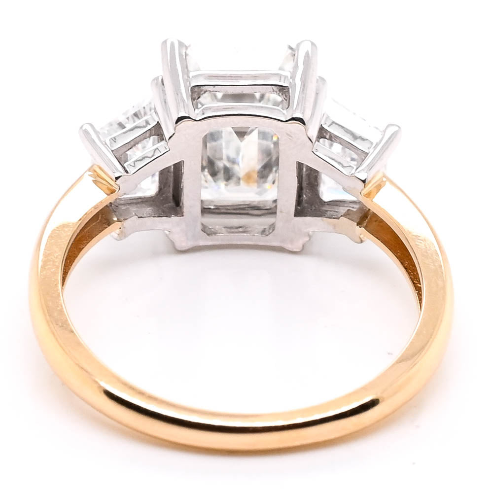 14KT White & Yellow Gold 4.00CTW Emerald Shape Lab Created 3 Stone Engagement Ring.