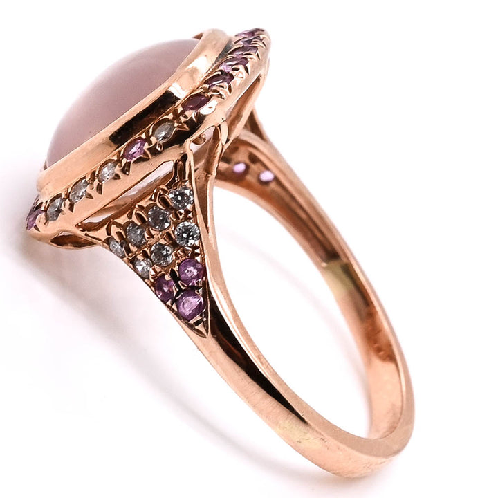 14KT Rose Gold Cabachon Rose Quartz, Diamond & Pink Sapphire Ring.