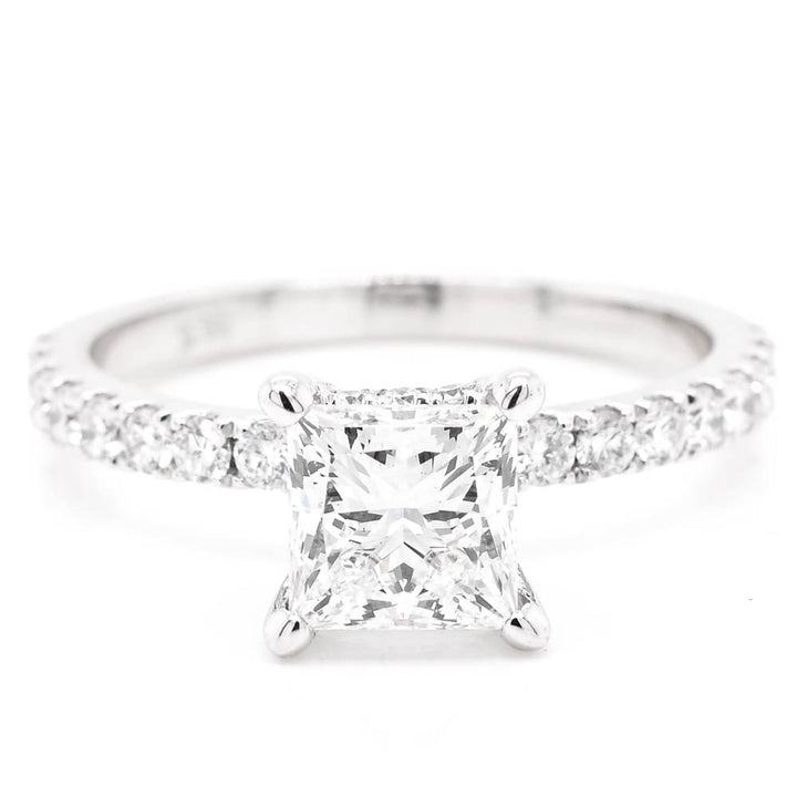 14KT White Gold 1.48CTW Princess Cut Lab Created Diamond Hidden Halo Engagement Ring.