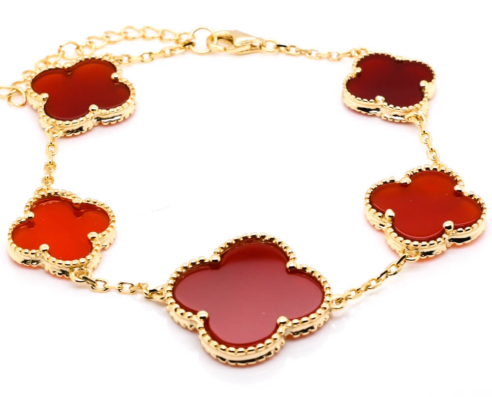 Sterling Silver 14KT Yellow Gold Plated 8" Carnelian Flower Bracelet.