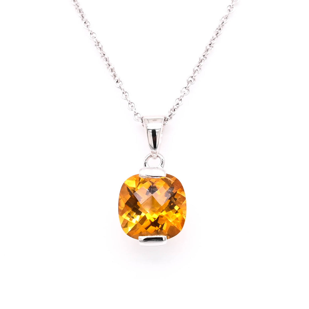 14KT White Gold 18"  Cushion Cut Citrine Necklace.