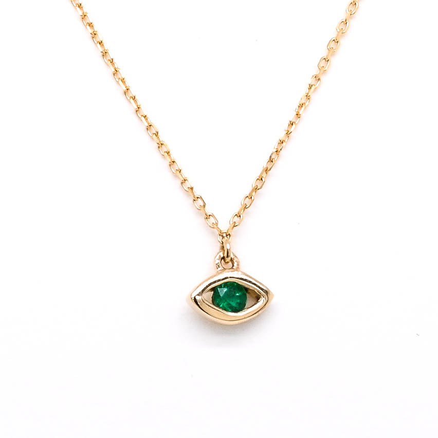 14KT Yellow Gold 18" Round Shape Emerald Evileye Necklace.