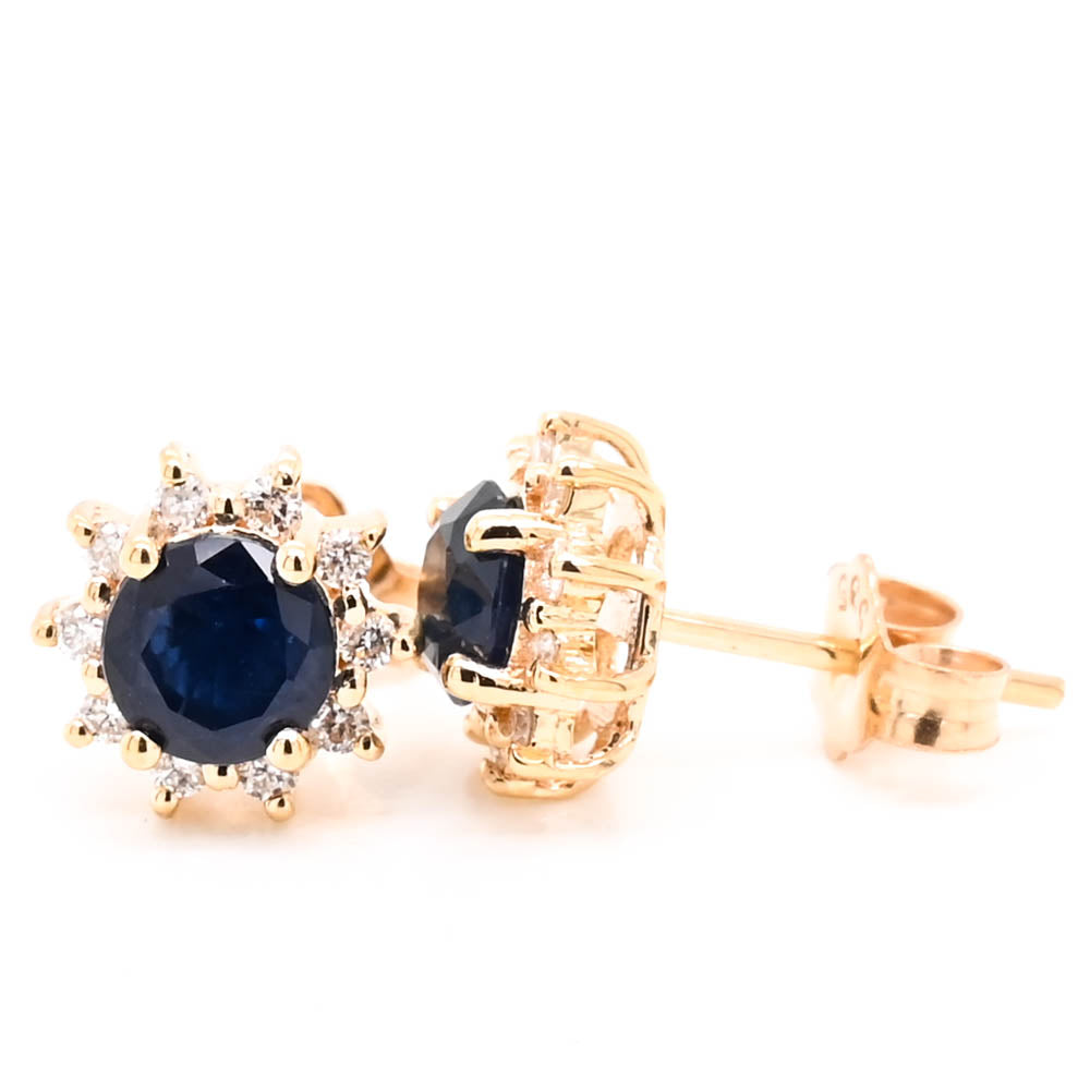 14KT Yellow Gold Round Brilliant Blue Sapphire & Diamond Cluster Earrings.