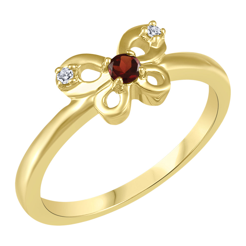 10KT  Yellow Gold Garnet and Diamond Butterfly Ring. 0.01CTW.