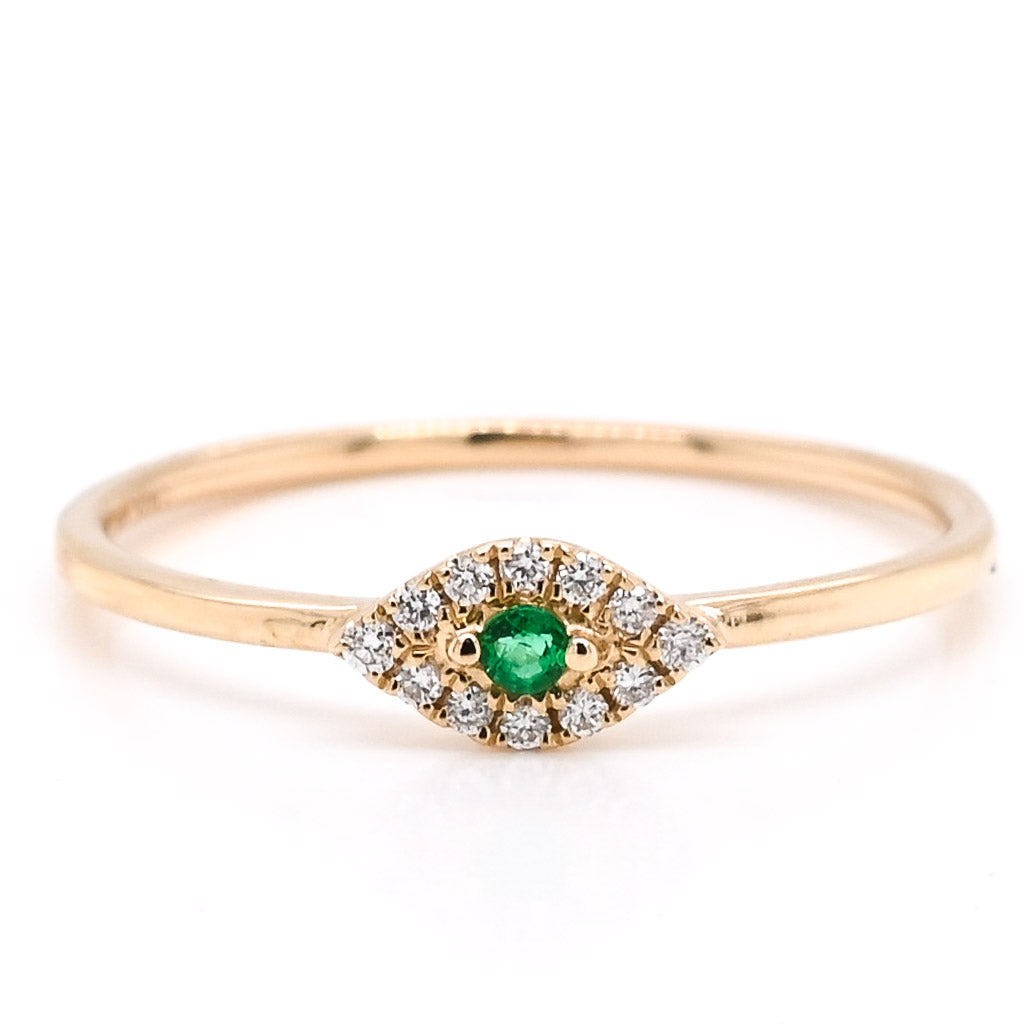 14KT Yellow Gold 0.03CT Round Emerald & Diamond Evileye Ring.