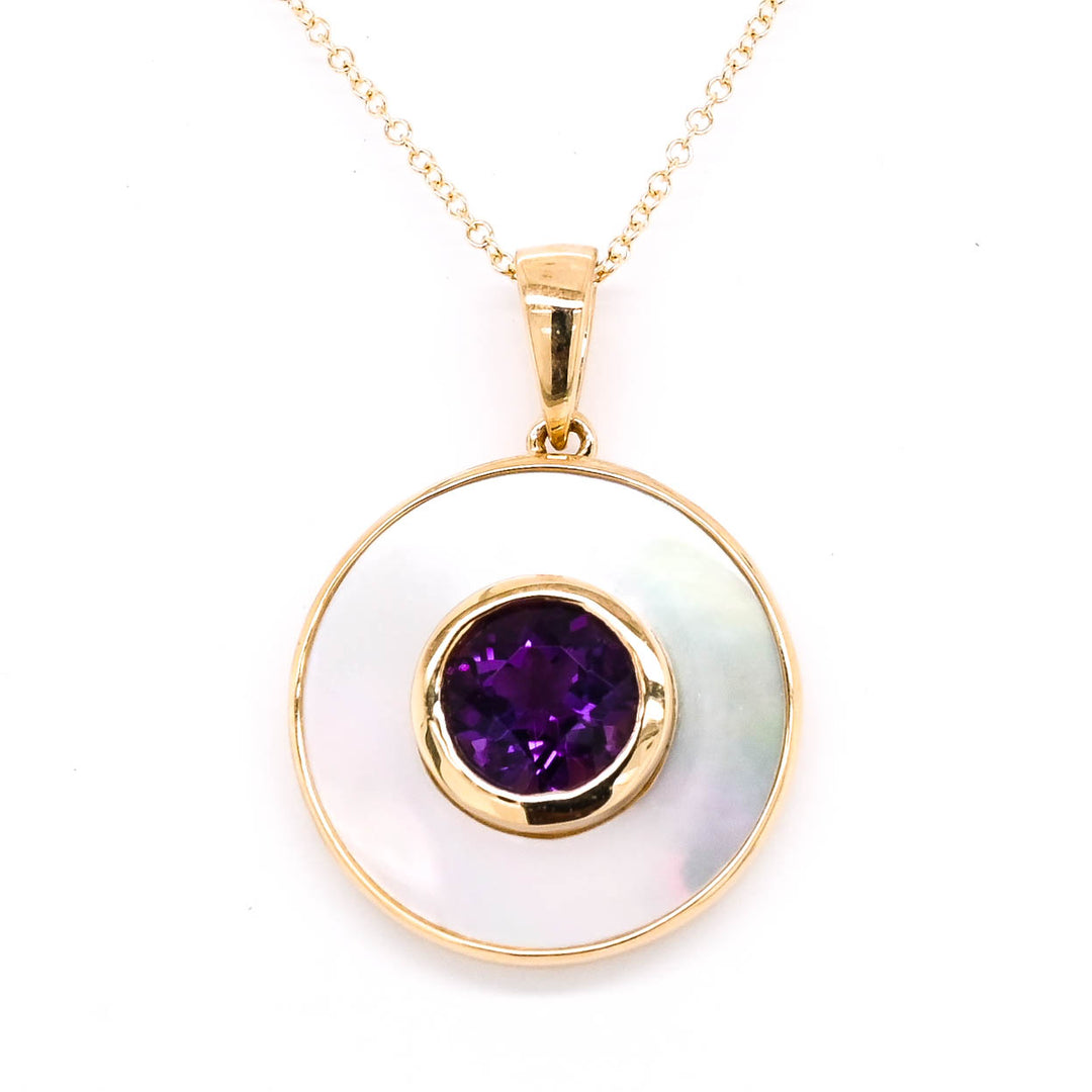 10KT Yellow Gold Amethyst and Mother Of Pearl Necklace.