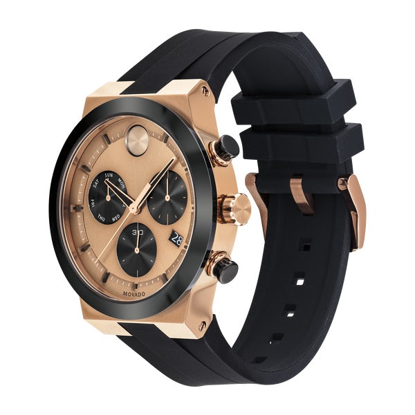 Movado BOLD Fusion, 44 mm bronze ion-plated stainless steel case &amp; black ceramic bezel with a bronze chronograph dial on black silicone strap. 3600711.