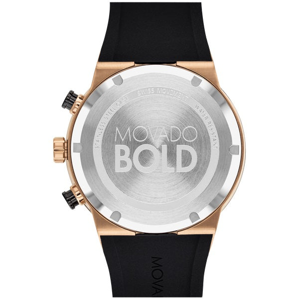 Movado BOLD Fusion, 44 mm bronze ion-plated stainless steel case &amp; black ceramic bezel with a bronze chronograph dial on black silicone strap. 3600711.