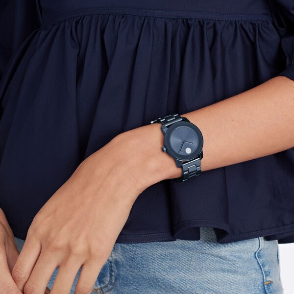 Movado Bold, 36 mm blue ceramic case and bracelet with blue sunray dial and crystal pave dot.  3600805