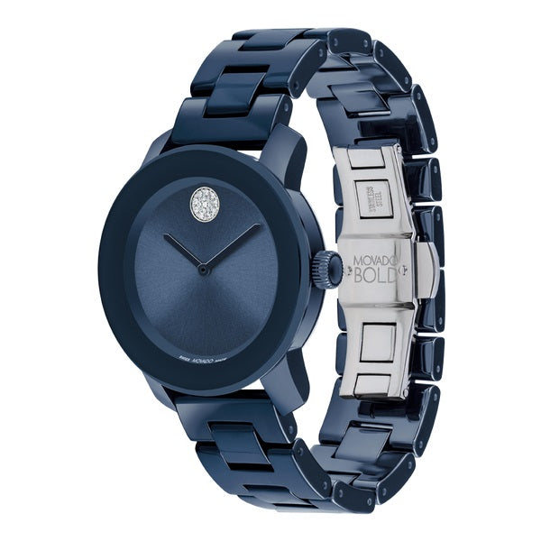 Movado Bold, 36 mm blue ceramic case and bracelet with blue sunray dial and crystal pave dot.  3600805