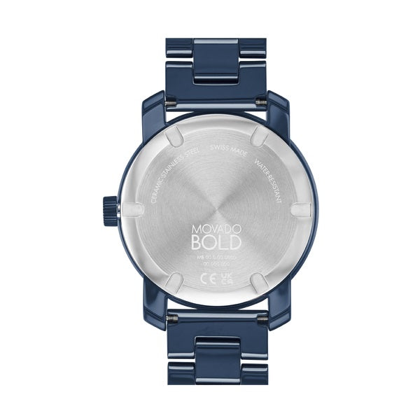 Movado Bold, 36 mm blue ceramic case and bracelet with blue sunray dial and crystal pave dot.  3600805