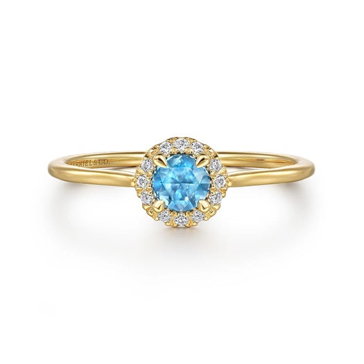 Gabriel & Co 14KT Rose Gold 0.28CT Blue Topaz & Diamond Halo Set Ring.