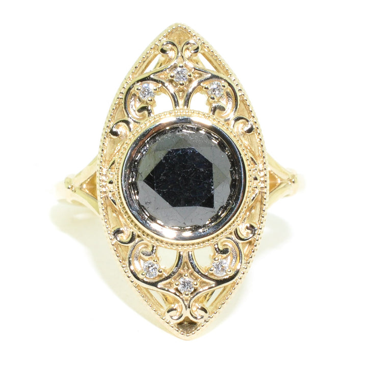 14KT Yellow Gold 2.55CTW Round Brilliant Black & White Diamond Vintage Inspired Ring.