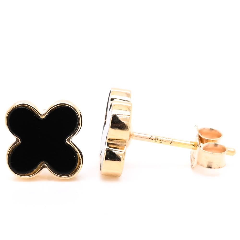 14KT Yellow Gold Black Onyx Clover Stud Earrings.