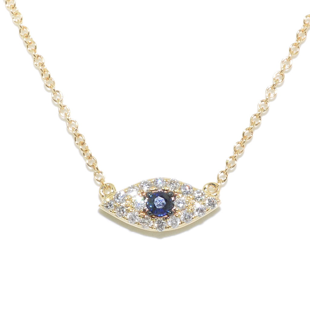 14KT Yellow Gold 18" Blue Sapphire and Diamond Evil Eye Necklace.
